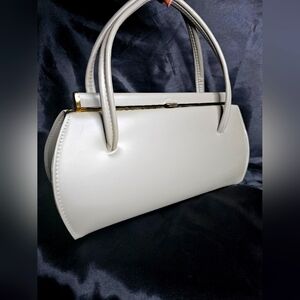 Vintage Greige Long Structured Handbag With Gold Clasp